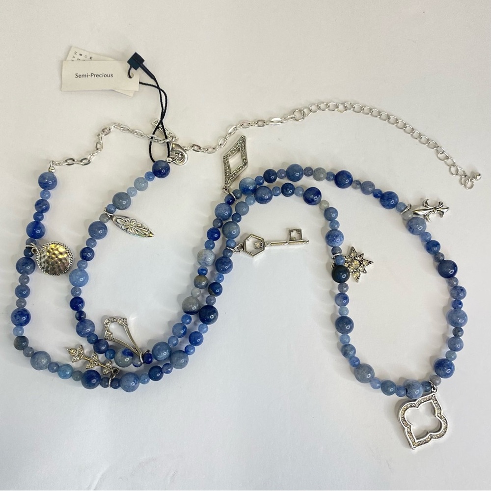 WHBM Blue Necklace Aventurine Stone Beaded Rhinestone Key Charm Long - Picture 2 of 14